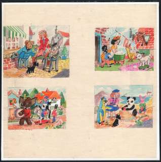 Haywood, Helen ( 1908-1995 ) | Helen Haywood - 4 miniatuur aquarel-opzetjes op 1 blad - Ontwerpen voor wenskaarten - (1955/1960) | Catawiki