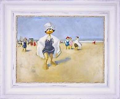 Ommo Wille | Die Ducks - „Ente am Strand von Viareggio" - 45 x 60 cm - Oil on Canvas - Framed - (2022) | Catawiki