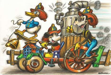 Joan Vizcarra | Mickey Mouse, Donald Duck & Goofy in "Mickey’s Fire Brigade" - Original Drawing - Joan Vizcarra - Pencil Art - Original Artwork - 48 x 32 cm | Catawiki
