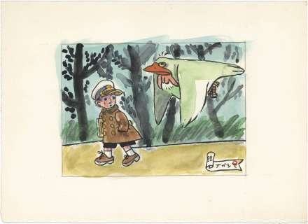 Shinji Nagashima Hand-Drawn Color Illustration "Green Bird and Boy" | Mandarake (Big Web)