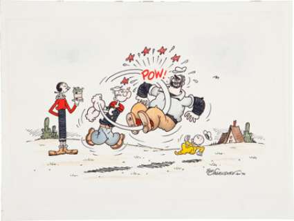 Bud Sagendorf Hand Colored Popeye, Bluto, Olive Oyl, and Swee‘pea Specialty Illustration Original Art (1974). Arf, -