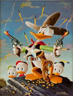 Carl Barks Donald Duck Sheriff of Bullet Valley Oil Painting Original Art (1973). This richly hued shootout scene -
