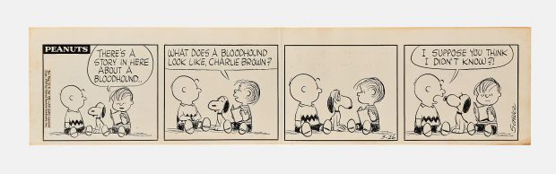 Charles Schulz Original Hand-Drawn ’’Peanuts’’ Comic Strip -- From 1959 Featuring Charlie Brown as Snoopy Impersonating a Bloodhound | Nate Sanders