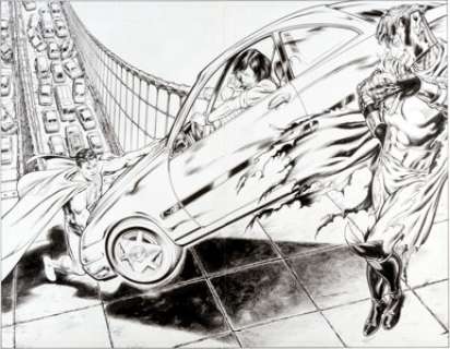 John Byrne and Nelson DeCastro Action Comics #828 Splash Page 2 and 3 Original Art (DC, 2005). Polaris slams a car -