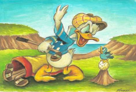 Joan Vizcarra | Donald Duck Trying to Play Golf! - Original Painting - Joan Vizcarra Signed - Original Artwork - 48 x 32 cm - Acrylic Art | Catawiki