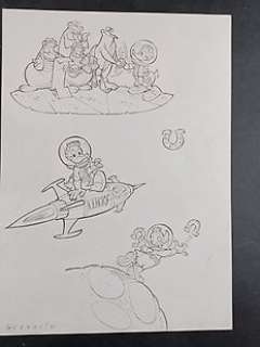 Marco Gervasio - Marco Gervasio - 3x Illustrazioni Originali su Unico Supporto "Gastone Nello Spazio" - Firmato - Page volante - Exemplaire unique