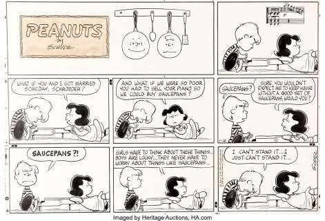 Charles Schulz Peanuts Sunday Comic Strip Lucy and Schroeder Original Art dated 1-16-66 (United Feature Syndicate,... | Heritage