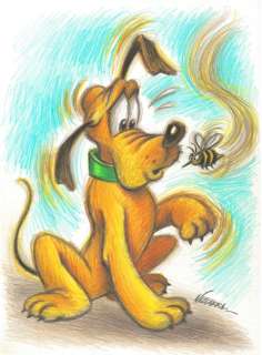 Joan Vizcarra | Pluto and his New Friend, a Charming Bee - Original Drawing - Joan Vizcarra - Pencil Art - Original Artwork | Catawiki