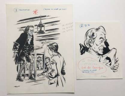 Follet, René | Follet, René - 2x Dessin original - Signe d piste 108 - L’Homme au lacet de soie - (1957) | Catawiki