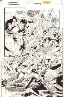 Bill Anderson, Tom Grindberg - superman #147 p. 7 - superman, steel, aquaman, plastic man, green lantern, & others action splash - 1999 signed