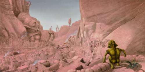 Jim Burns (British, b. 1948) Pink City, Planet Story interior illustration, 1978 Acrylic on board 13-1/2 x 27 inches...