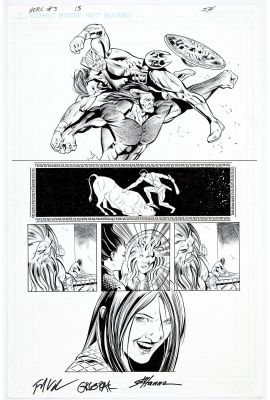 Scott Hanna | Tavola originale per Herc #3 pg. 13. Cm. 28 x 43. Inchiostro di Scott Hanna su DIGITAL BLUE LINES di Edwards. MARVEL 2011. Firmato da Scott Hanna e dagli autori Greg Pak and Fred Van Lente. Note: While this is the final published artwork, only the&hellip; | Art e Fumetto