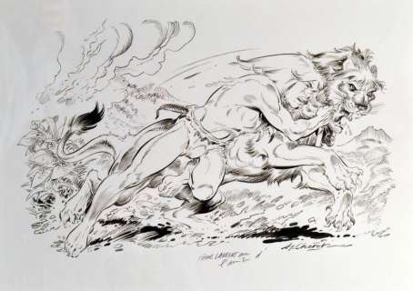 CHERET André  - Rahan  - Grand dessin d’un combat entre Rahan et un lion  - Encre de[...] | Vermot et Associés