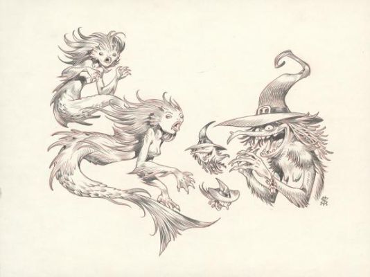 Stan Manoukian | Crayonné original, "La Sorcière et les sirènes" - Les Monstres - L’Encyclopédie du Merveilleux | Daniel Maghen