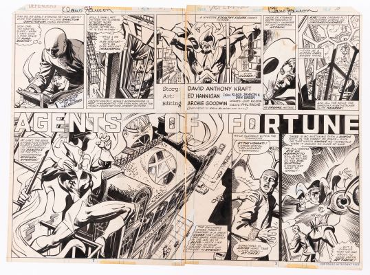 Lot 122 - ED HANNIGAN DEFENDERS #58 COMIC BOOK DOUBLE PAGE SPREAD ORIGINAL ART. | Hake’s