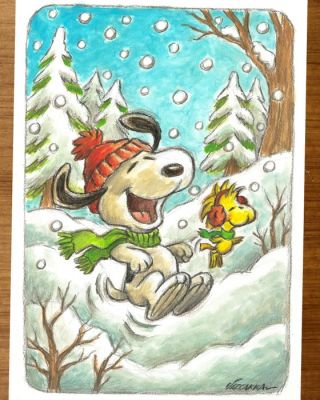 Joan Vizcarra Œuvre - Snoopy & Woodstock “Happy Snow Time” – Hand Signed Original Painting