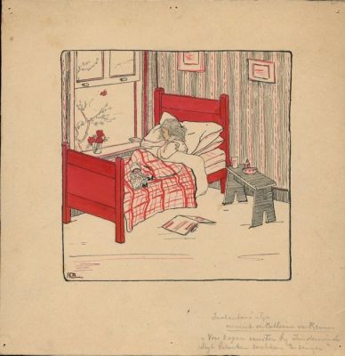Rie Cramer - 1 Original colour drawing - Liesje - "Voor ’t open venster bij zuidenwind ligt Liesje zachtjes te zingen" - 1920’ | Catawiki