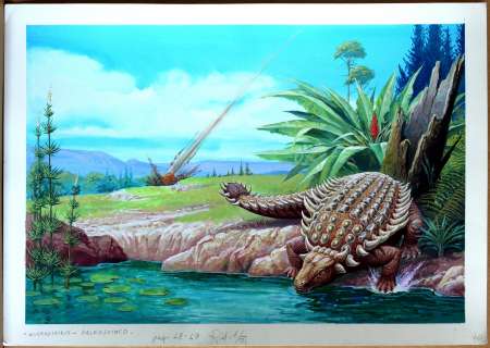 SEVERINO BARALDI - Illustrazione raffigurante ‘Wuerhosaurus’ Paleoscinco. Matita e tempera su cartoncino. Dimensioni: 55 x 39 cm. Pubblicazione certa ma non reperita.