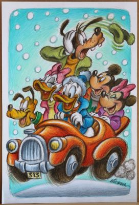 Joan Vizcarra | Illustrazione originale ‘Disney friend on a winter ride’. Anno 2024. Cm. 32,5×48. Matite colorate su cartoncino. | Art e Fumetto