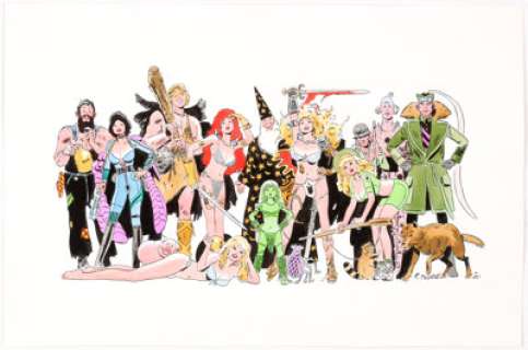  - Frank Thorne - Self-Portrait, Red Sonja, Ghita, Ribit, and Others - Commission Illustration Original Art (2000)....