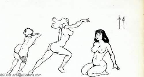 Frank Frazetta -Original Sketches, Three Nude Ladies (undated). Frank Frazetta graces us with this small pen and - | Heritage