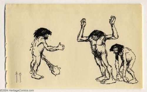 Frank Frazetta - Cavemen with Raised Arms Sketch Original Art (undated). These three cavemen have ape-like - | Heritage