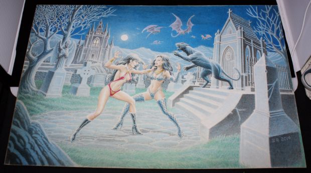 Ralph Reese - Vampirella Vs Pantha Large Painted Art - Signed - 2014