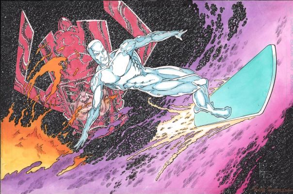 Bob Sharen, Pat Broderick | Galactus & Silver Surfer Nebula Surfing Detailed Color Commission - Signed - 2009 | Anthony’s Comic Book Art