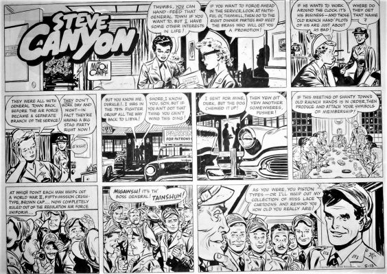 Milton Caniff | Caniff, Milton - Steve Canyon Sunday 5/13 1956, Officer’s At Stag Party & Ref To Ww2 "Miss Lace Cartoons" | Cool Lines Art