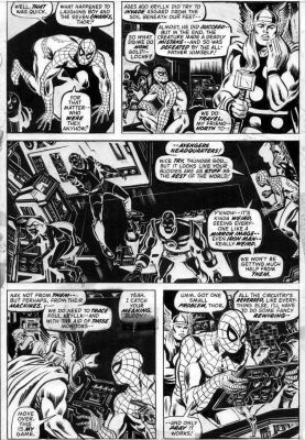 Ross Andru | Andru, Ross - Marvel Team-Up #7 Pg 15, Spider-Man & Thor At Avengers Headquarters Where All Those Heroes Are Frozen in Time! | Cool Lines Art