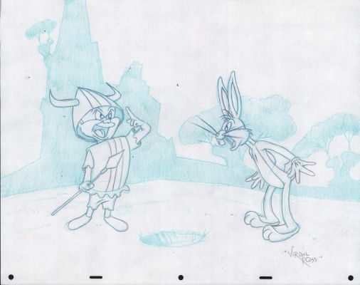 Virgil Ross | Viking Elmer Fudd & Bugs Bunny Animation Production Drawing - Signed | Anthony’s Comic Book Art