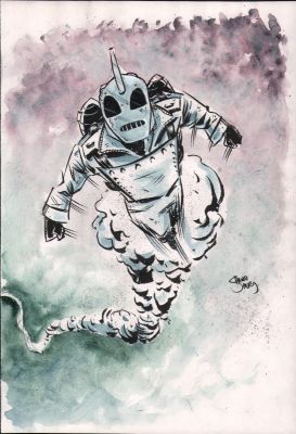 Shawn Daley | Flying Rocketeer Ink & Watercolor Commission - Signed | Anthony’s Comic Book Art