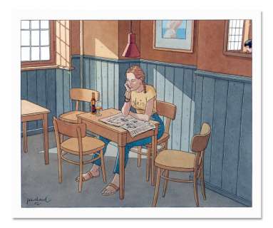 Juillard (André) | JUILLARD DANS UN CAFÉ Ã€ COPENHAGUE Encre de chine et de couleur pour u | Coutau Bégarie