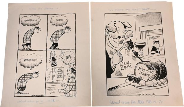 Lot 74 - 10 Dick Hodgins (American 20th Century), Original Editorial Cartoons Ten original pen and ink editorial cartoons on… | misc / divers