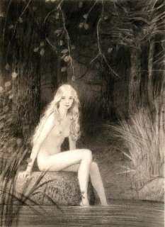 Grote fantasie tekening - Naiade - Page volante - Crayon / Conté sur du papier Ã  dessin épais - (2018) | Catawiki