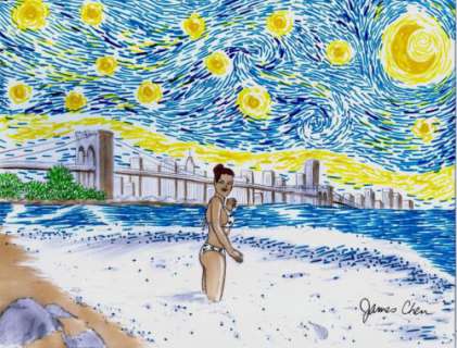 ANA ON THE BEACH ON A STARRY NIGHT IMPRESSIONIST FINE ART BY COMIC ARTIST J CHEN | eBay US (Buy It Now)