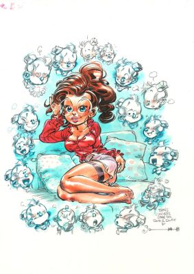 DAN VERLINDEN né en 1972. Mademoiselle chiffre entourée de portraits du petit spirou. Aquarelle et feutre sur feuille… | HVMC