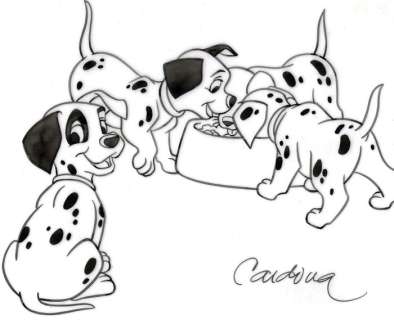 101 Dalmatians - Disney Studios - 4 Hungry Puppies - Original Production Drawing - Cardona - Art original - (1990) | Catawiki