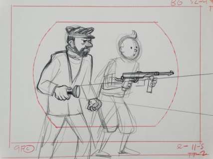 Tintin - Croquis préparatoire pour film d animation - On a marché sur la lune (années 60) - Page volante | Catawiki