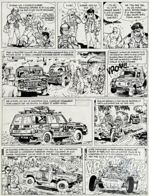 Wasterlain / Jeannette Pointu. Planche Originale N°45 de L’album T2 "4X4/Paris Dakar" Belle Mise En Scène Des Véhicules de La Course Et Belle Qualité de Dessin. Rare. Encre de Chine Vers 1986. Tbe+. 36 X 45 Cm |  | Dagoty
