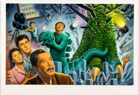 XNO 1988 Topps Dinosaurs Attack Card #42 "Lights! Camera! Carnage!" Painting Original Art (Topps, 1988). | Heritage