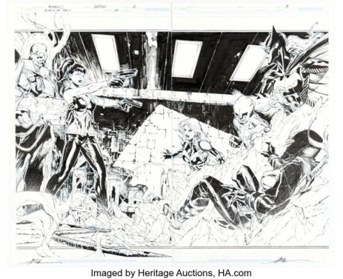 Jonathan Glapion [Roman Molenaar printed lines] Birds of Prey #20 New 52 Mr. Freeze Double Splash Pages 2-3 Original Art (DC, 2013). (Total: 2 Original Art)