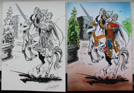 De Rode Ridder - Originele tekening + ingekleurde tekening (Mixed Media Art) - Affiche Aarschot - ’Op doorreis naar kasteel van Horst’ - (2000s) | Catawiki