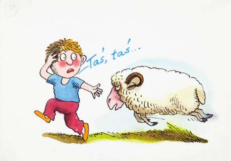 Jerzy Flisak (1930 - 2008) | Jerzy Flisak | Chłopiec ucieka przed baranem - "Albośmy to tacy cacy", ilustracja do książki Tadeusza Fangrata, s. 27, 1989 | Desa Unicum