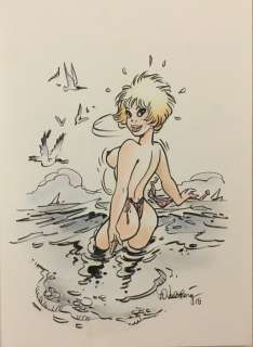 Walthéry - Dessin original - Natacha Ã  la mer - (2018) | Catawiki