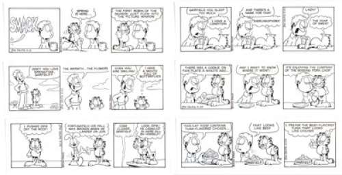 Jim Davis | Garfield Consecutive Daily Comic Strip Original Art Group of 6 (PAWS/Universal Press Syndicate, 2001). | Heritage
