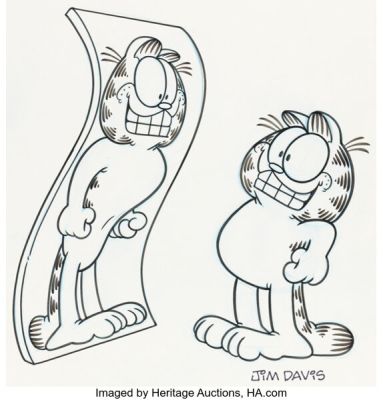 Jim Davis Studio - Garfield with Mirror Illustration Original Art (c. 1980s). | Heritage