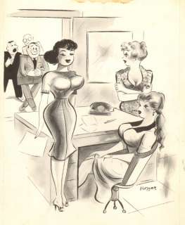 Lowell Hoppes - 3 sexy secretaries gag / b&w art - 1959 humorama