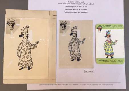 Hergé | Tintin - Dessin original Hergé - Carte du jeu des 7 Familles - Tournesol en costume inca - Le temple du soleil - (1962) | Catawiki