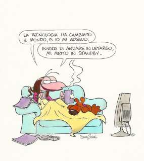 Silvia Ziche | La Vita secondo Lucrezia - Silvia Ziche - illustrazione originale "La Tecnologia ha Cambiato il Mondo..." - Page volante - Exemplaire unique | Catawiki